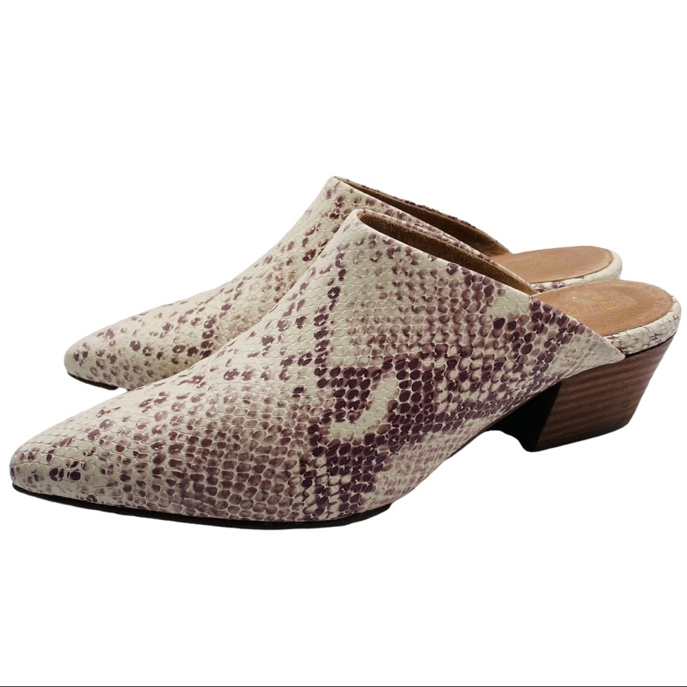 Anthro Seychelles Rendevous Leather Snake Print Block Heel Slip On Mules Size 9